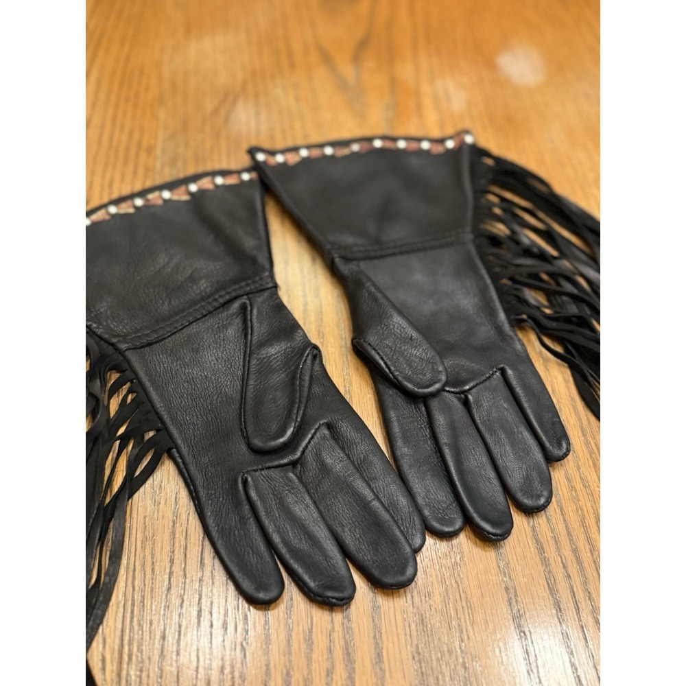 Patricia Wolf Black Leather Hand Painted Gloves Fringe Horses Beaded Cowgirl - Picture 5 of 11